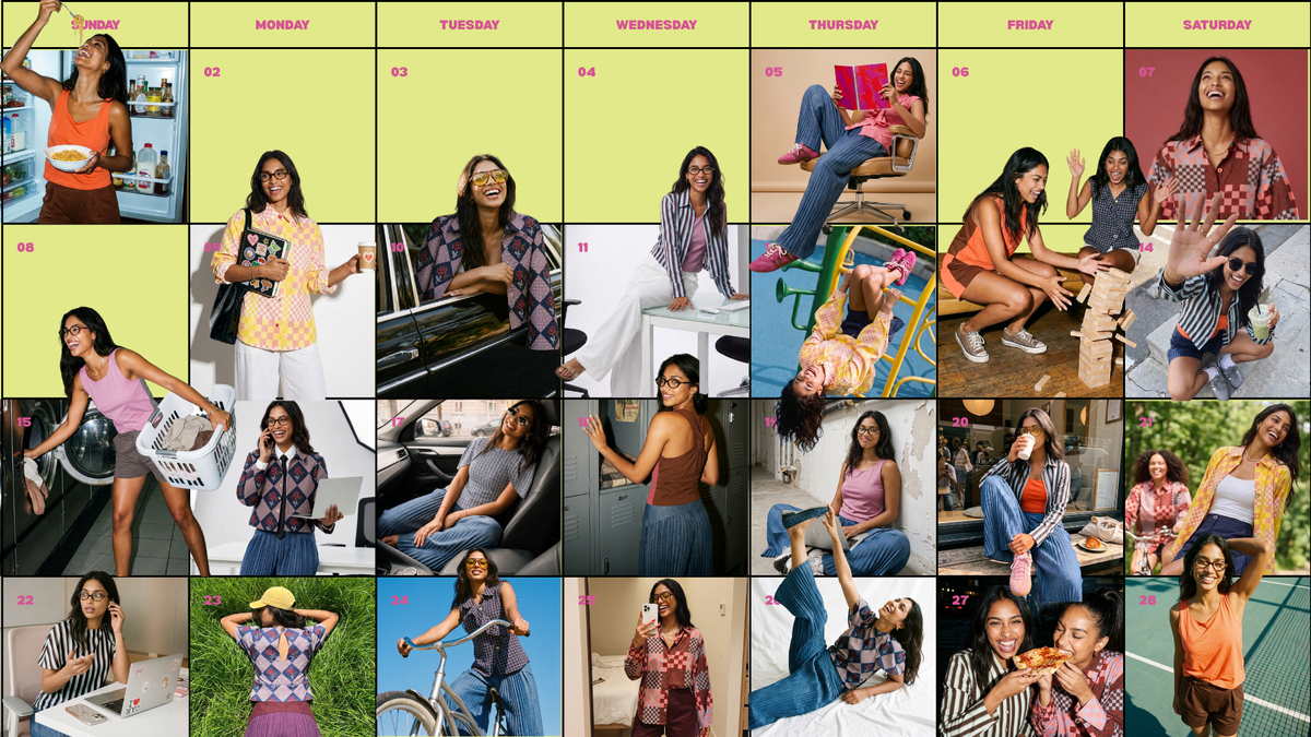 A 5x3 grid collage of 15 lifestyle photos featuring a woman modeling different colorful patterned tops and dresses in various casual settings, set against a pale yellow background with weekly column headers.